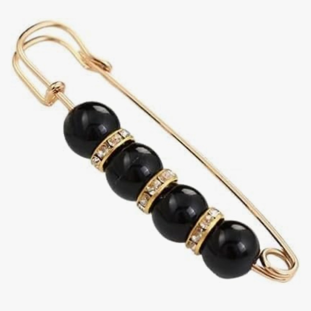 Pearl Pins Linear Brooch Waist Cincher Lux Safety Pin Gold Tone Crystals Pearls - Picture 5 of 11